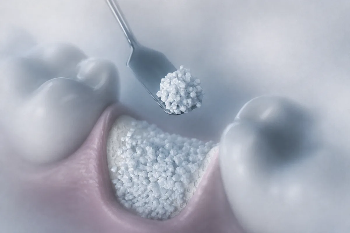 Grefă osoasă particulată aplicată în defect alveolar — GBR